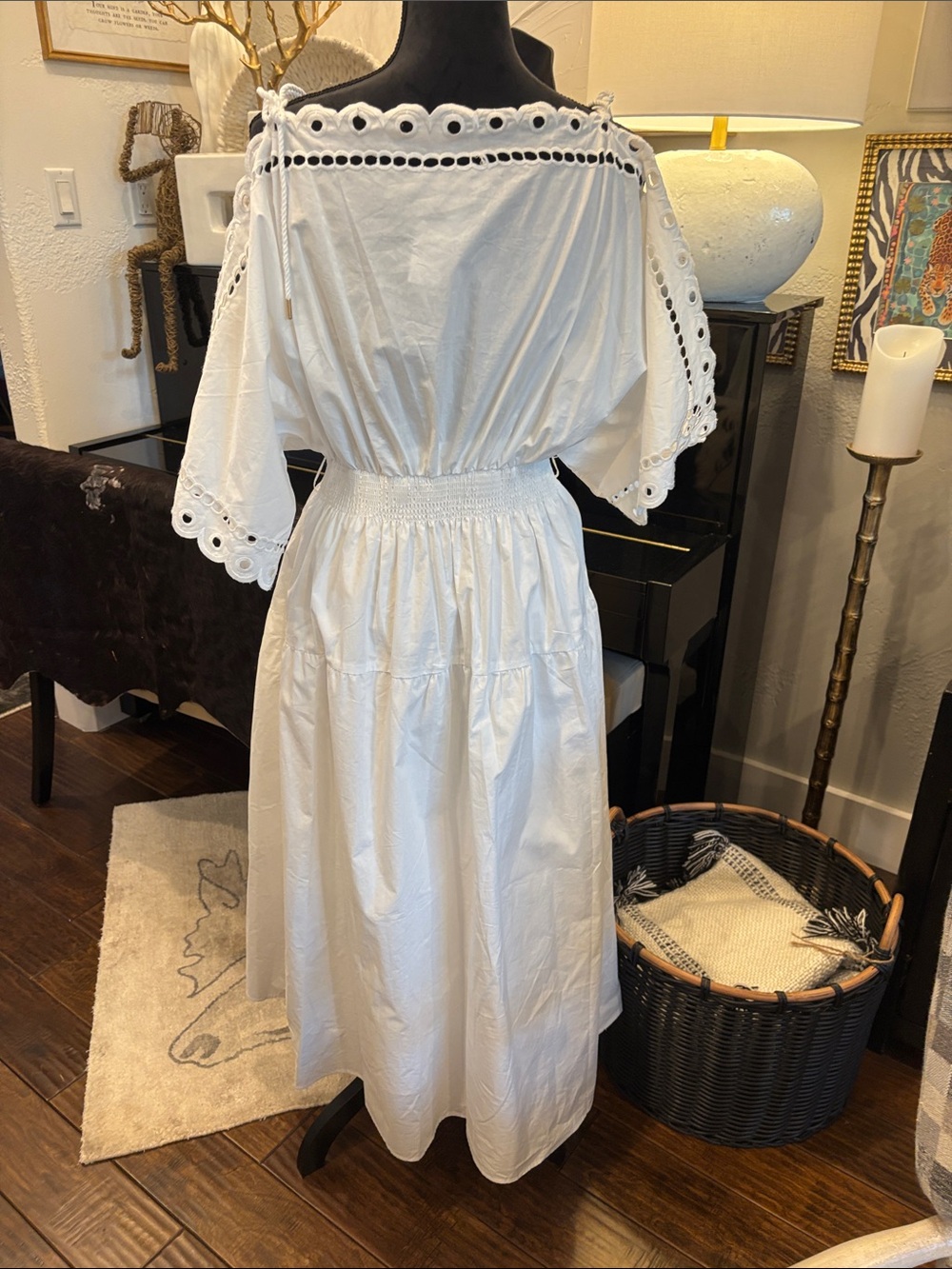 Anthropologie White Eyelet Off-Shoulder Midi Dress - Classic Summer Style - Picture 6 of 9